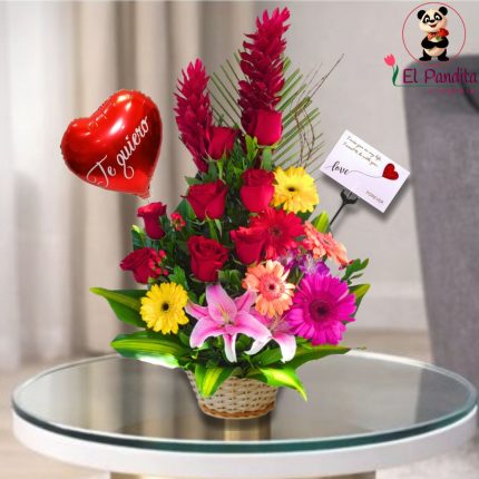 Arreglo Floral Colorido con Globo Corazón para Cumpleaños en Moquegua