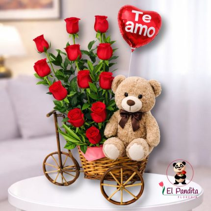 Canasta Floral San Valentín con Rosas Rojas, Osito y Globo "Te Amo" - Regalo Ideal en Moquegua