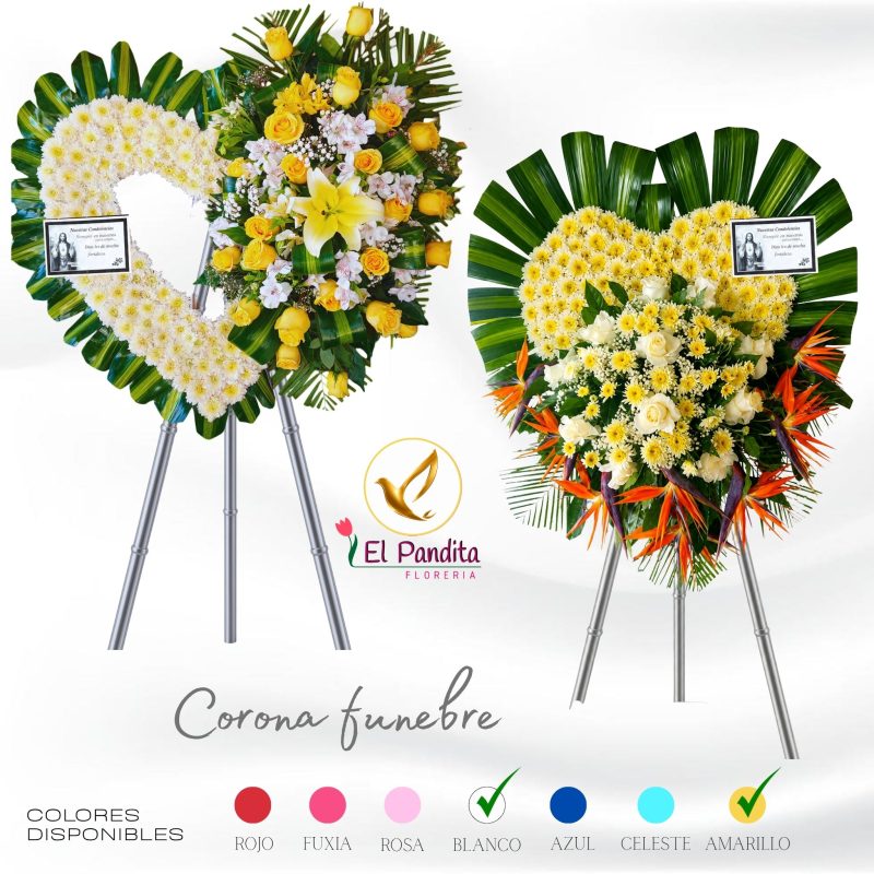 Corazón funerario mixto con flores naturales en 7 colores (rojo, fuxia, rosa, blanco, azul, celeste, amarillo) para funeral en Moquegua – Florería El Pandita