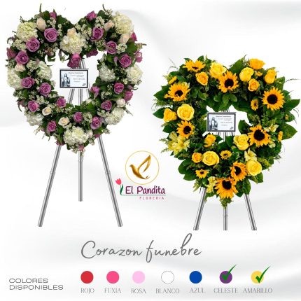 Corona funeraria premium con rosas y girasoles disponible en 7 colores (rojo, fuxia, rosa, blanco, azul, celeste, amarillo) para funeral de varón o mujer en Moquegua – Florería El Pandita