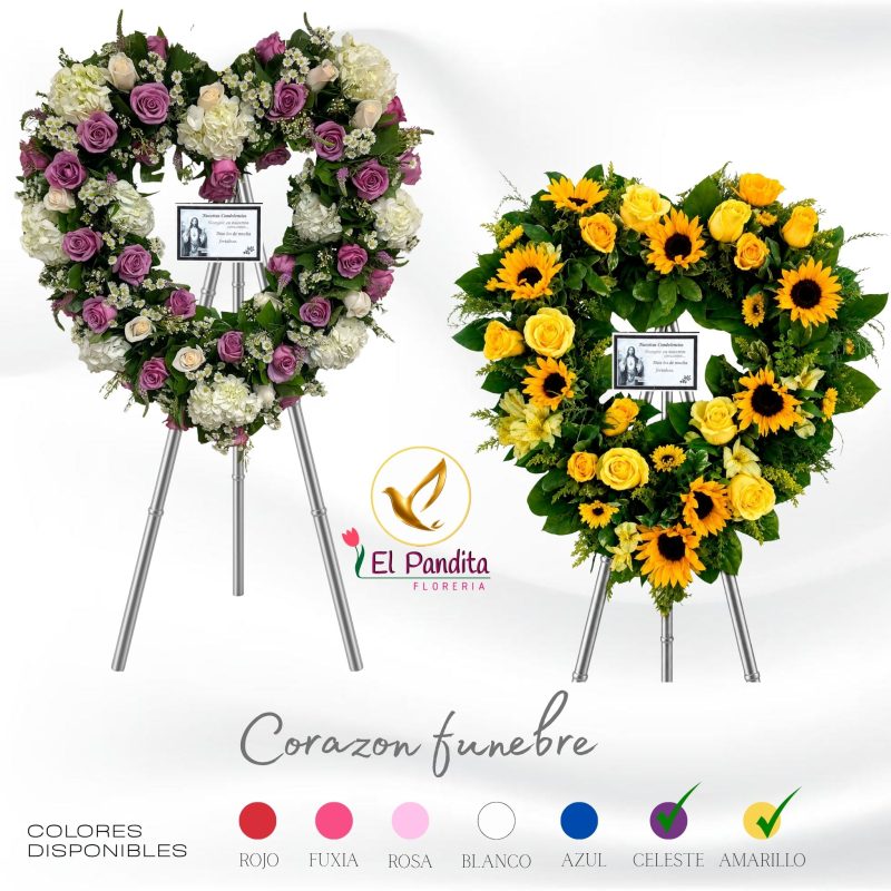Corona funeraria premium con rosas y girasoles disponible en 7 colores (rojo, fuxia, rosa, blanco, azul, celeste, amarillo) para funeral de varón o mujer en Moquegua – Florería El Pandita