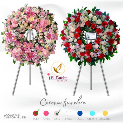 Corona funeraria de rosas y gerberas en tonos rosados y fuxia para damas con delivery en Moquegua – Florería El Pandita