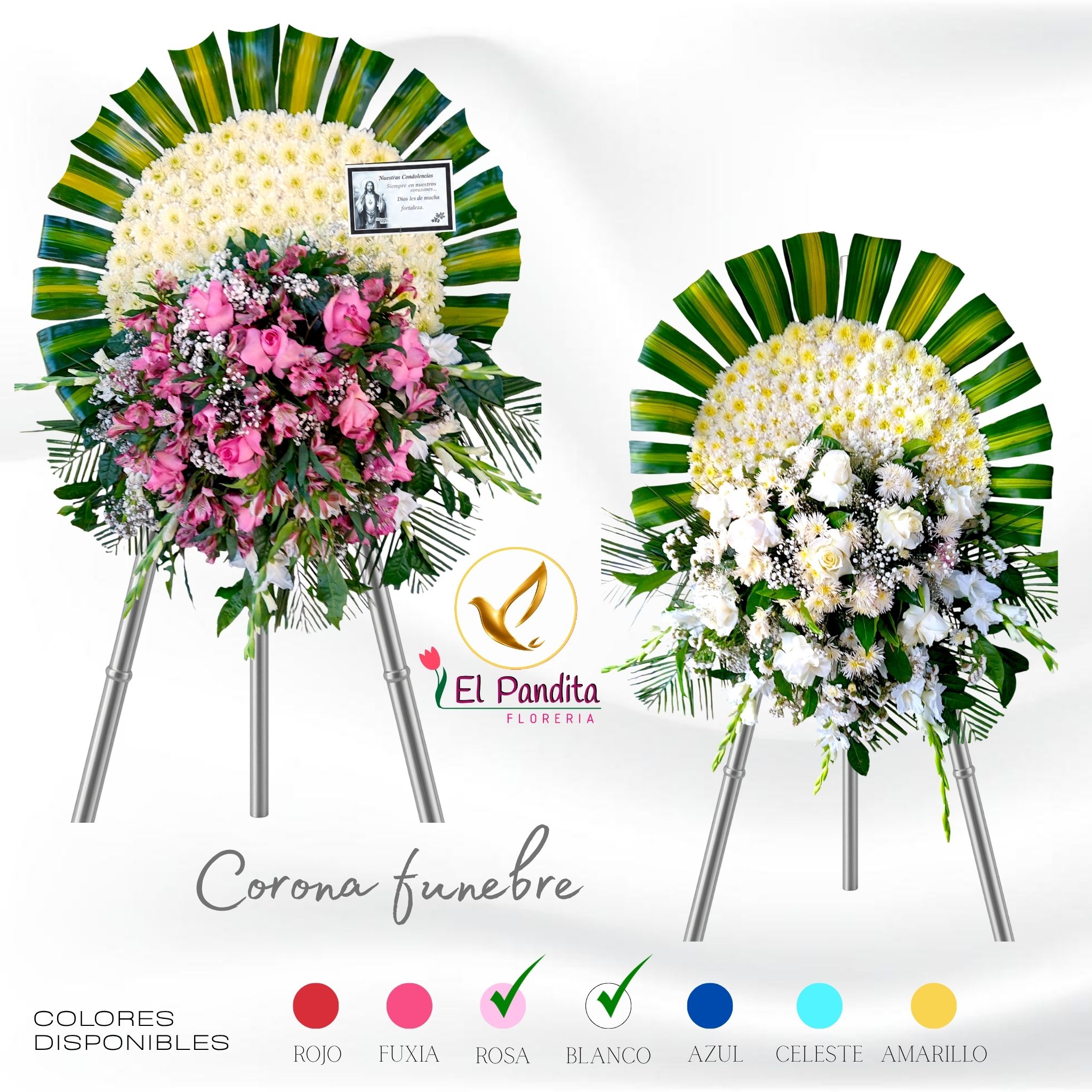 Corona funeraria variada – Arreglos florales para difuntos moquegua Corona funeraria elegante con rosas blancas, lirios y eucalipto plateado de 1.70 m x 1.0 m para condolencias en Moquegua – Florería El Pandita