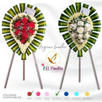 Lágrima funeraria elegante con flores naturales rojas y blancas para condolencias en Moquegua – Florería El Pandita
